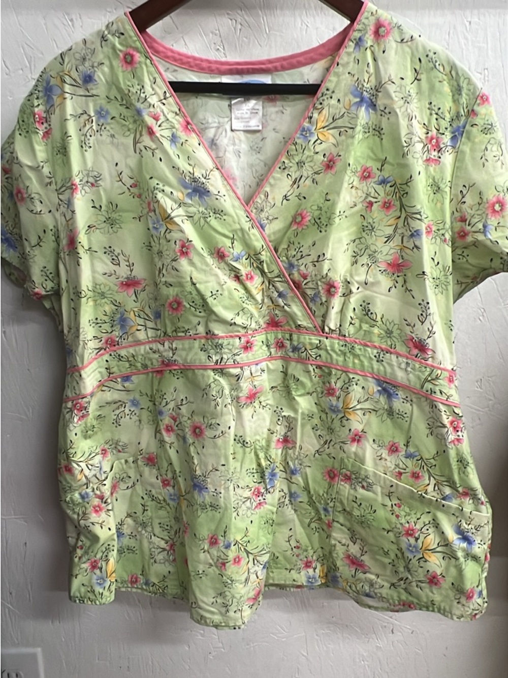 SB Scrubs Light Green Floral Wrap-Front Top with Pink Trim